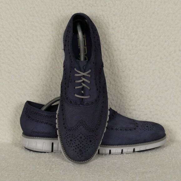 Cole Haan ZEROGRAND Wingtip Suede Oxford Shoes Mens 10.5 Blue Lace-Up Leather - Picture 1 of 13